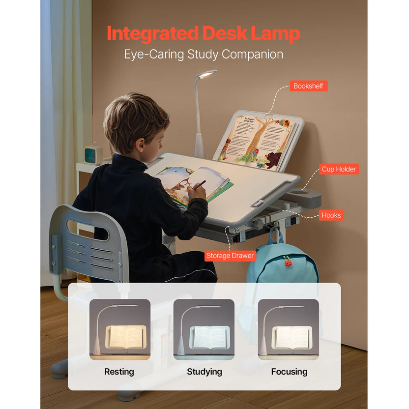 Set de escritorio y silla de estudio para niños SucceBuy, escritorio y silla de estudio para niños con lámpara de mesa, altura ajustable para dormitorio y sala de estudio
