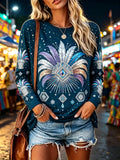 Women Crew Neck Long Sleeve T Shirt Teal Feather Diamond Celestial Ethnic Print Oversized Loose Casual Top