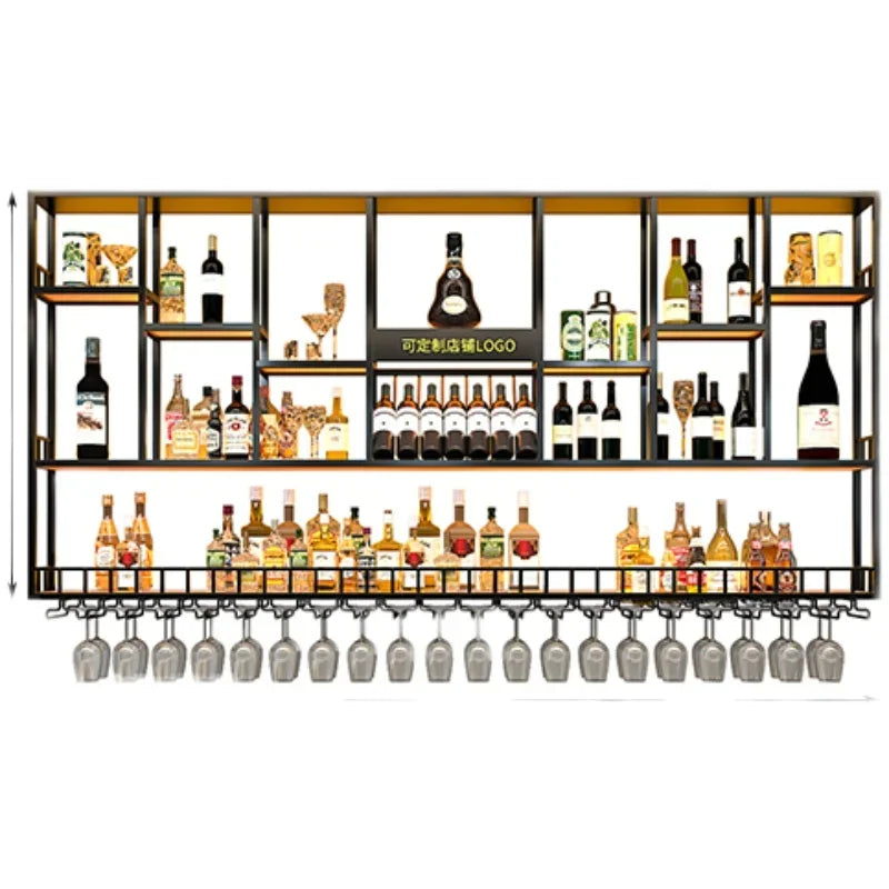 Customized: Bar Counter Wine Cabinet Against the Wall, Hanging Shelves, Industrial Style Bar, Wrought Iron Display Stand,