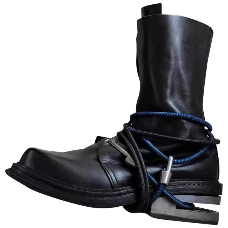 Fashion Men's Genuine Leather Motorcycle Boots Strange Metal Chunky Heel Mid-Calf Round Toe Elastic Band Western Boots Women