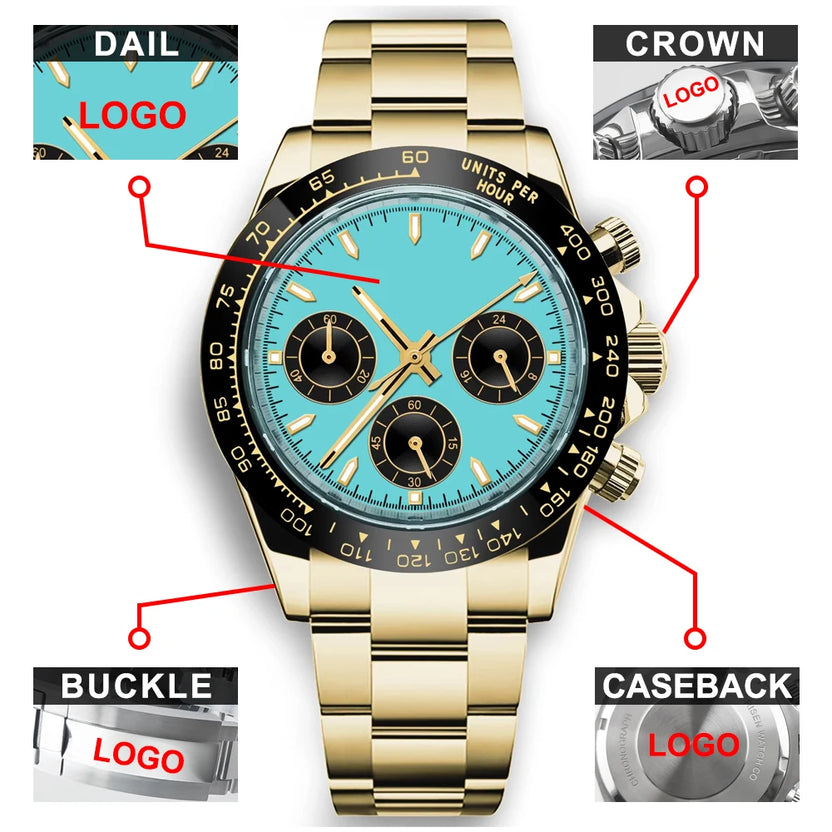 Spersonalizowany męski luksusowy zegarek kwarcowy 39 mm, chronograf, modny, szafirowy, sportowy, bransoleta ze stali, zegarek na rękę Corgeut