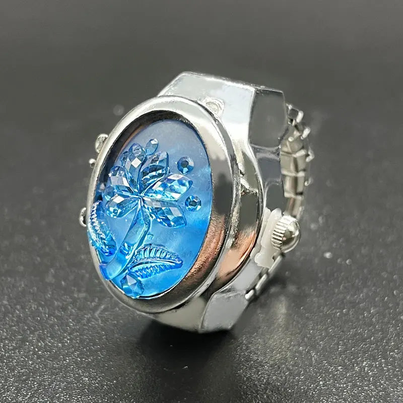 Fashion Women Ring Watch Elliptical Stereo Flower Ladies Clamshell Watches Adjustable Rings Quartz Watches Gifts for Women Ring