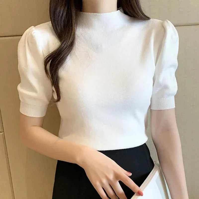 Women's Slim Fit Puff Sleeve Knitted Blouse with Half Turtleneck