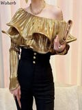 2026 Camisas De Mujer Solid Slash Neck Blouse Women's Clothing Ruffled Long Sleeve Sexy Shirts Slim Fit Fashion Vintage Blouses