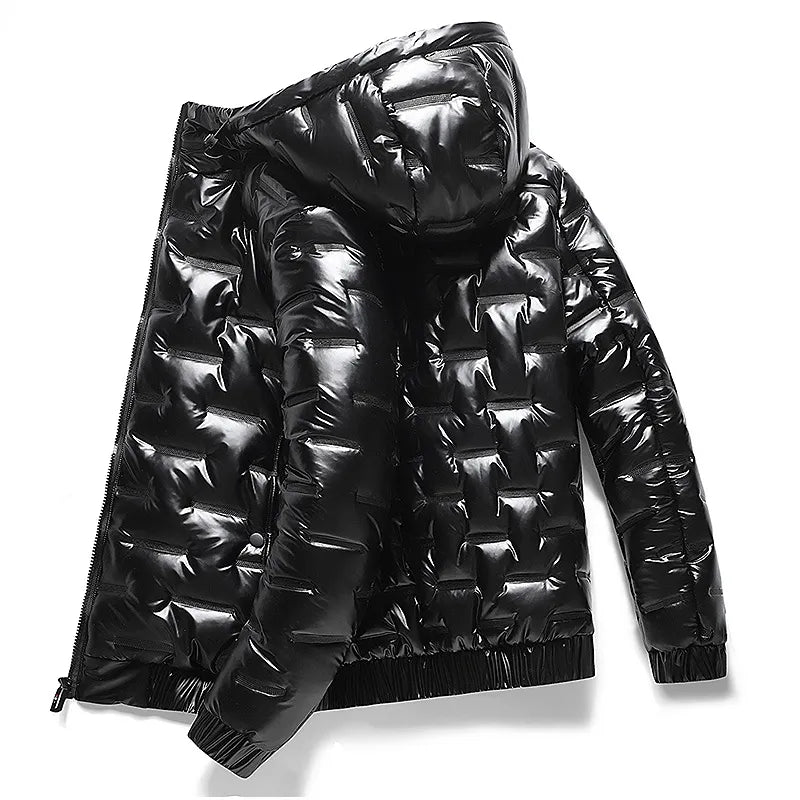 NONEAIR Chaquetas gruesas y cálidas de color negro brillante para hombre, ropa de abrigo, parkas con capucha para invierno, abrigos térmicos de moda, cortavientos para hombre