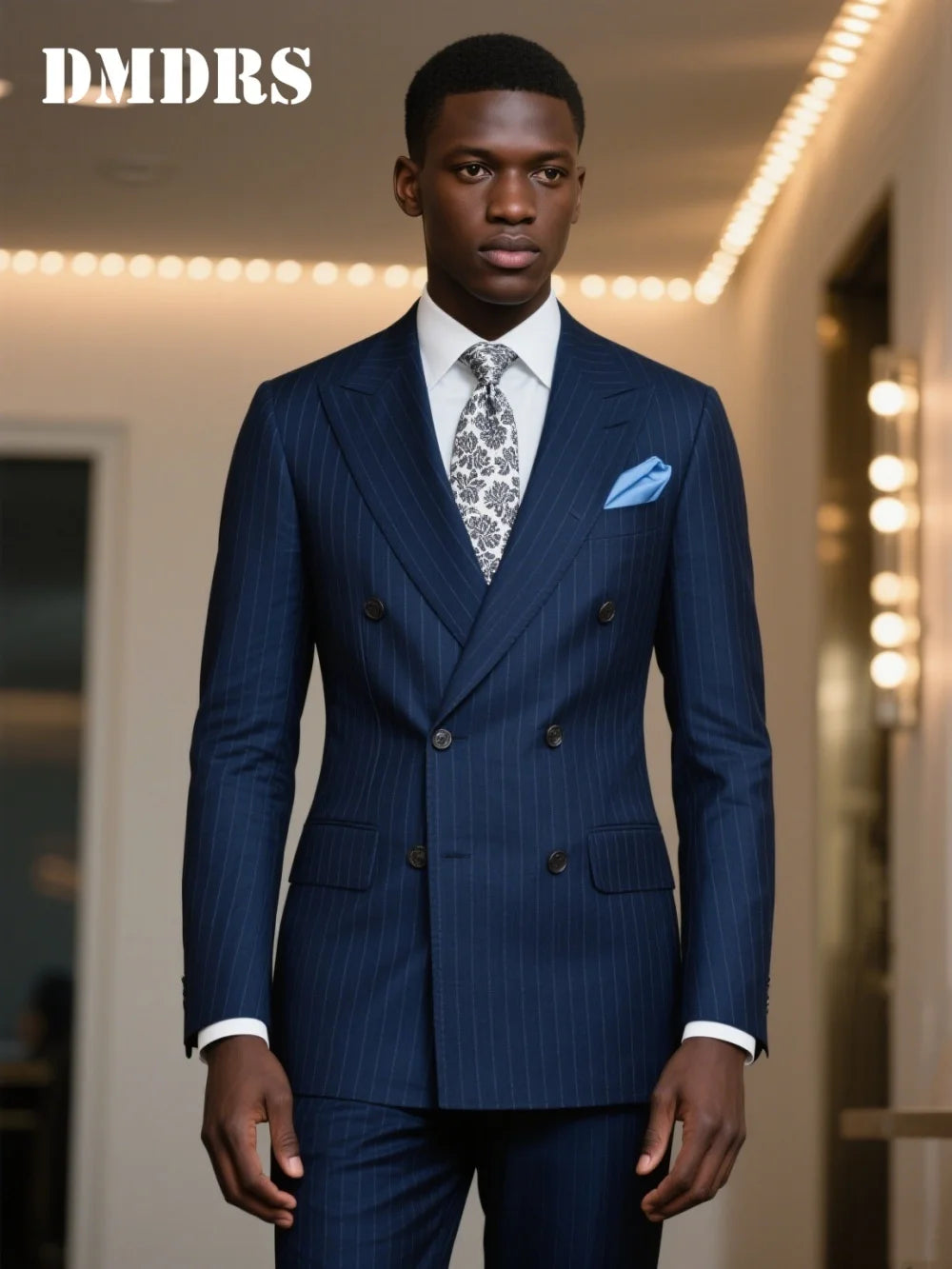 Navy Blue Pinstripe Double-Breasted Suit for Men Wedding - Formal Groom Suit Set With Classic Jacket and Pants Wedding Suits