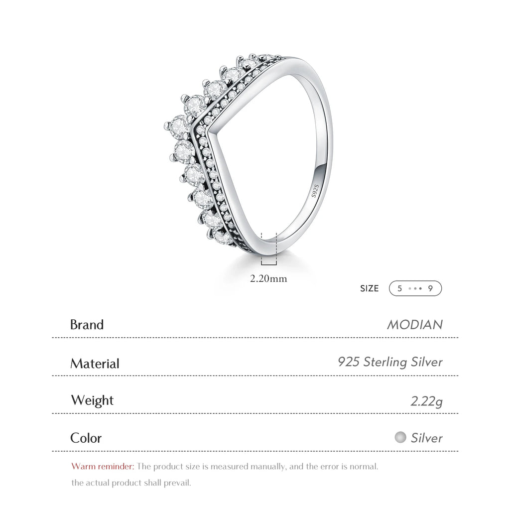 Modian Fashion 100% Real 925 Sterling Zircon Crown Finger Ring Classic Stackable Silver Jewelry for Women Wedding Christmas Gift