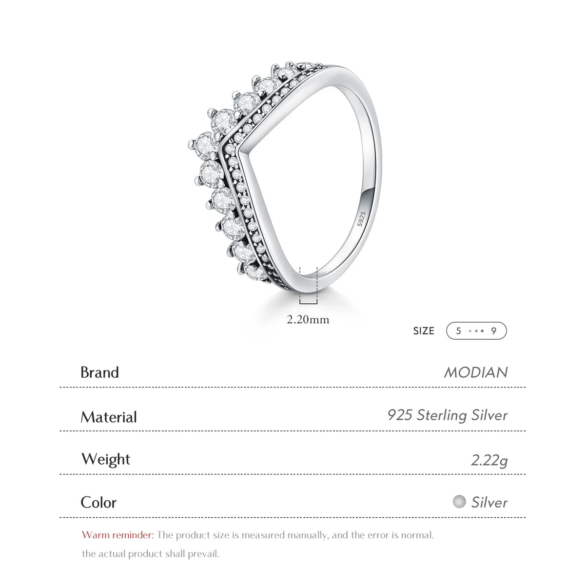 Modian Fashion Pierścionek damski 100% srebro próby 925 z cyrkonią w kształcie korony, klasyczny, możliwość łączenia z innymi pierścionkami, biżuteria srebrna, prezent ślubny lub świąteczny