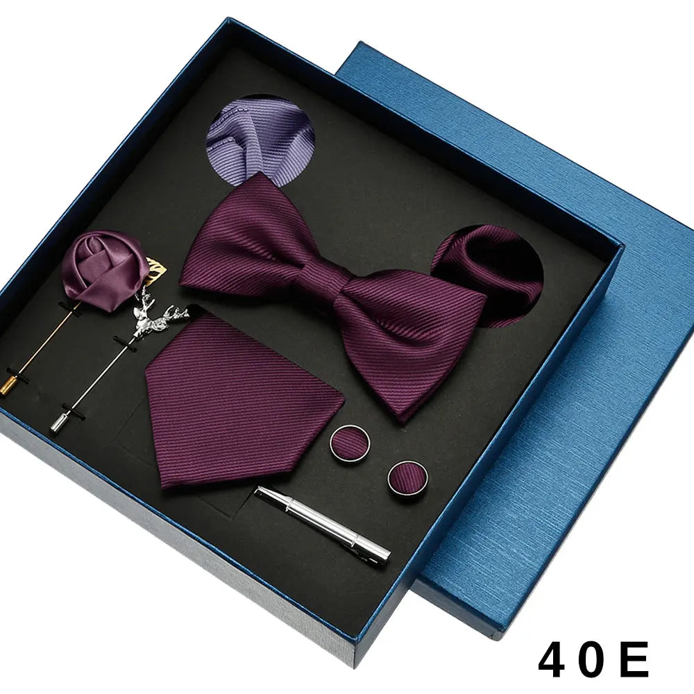 Men Tie Silk Necktie Man Bowtie Hanky Brooches Cufflinks and Tie Clip for Men Accessories Red Burgundy Wedding Tie Gifts Set