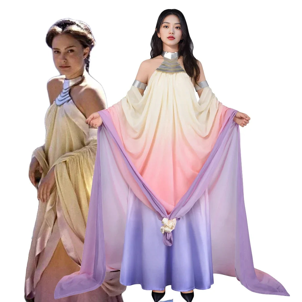 Disfraz de cosplay de Padmé para mujer, vestido largo de poliéster con espalda descubierta