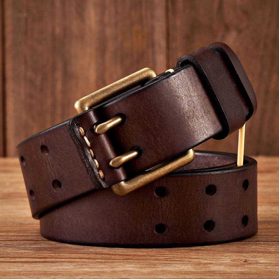 Cinturón vintage para hombre de 3.8 cm de ancho, hecho de piel de vaca genuina, con hebilla de doble aguja de cobre, cinturón artesanal para jeans, correa de moda para hombre