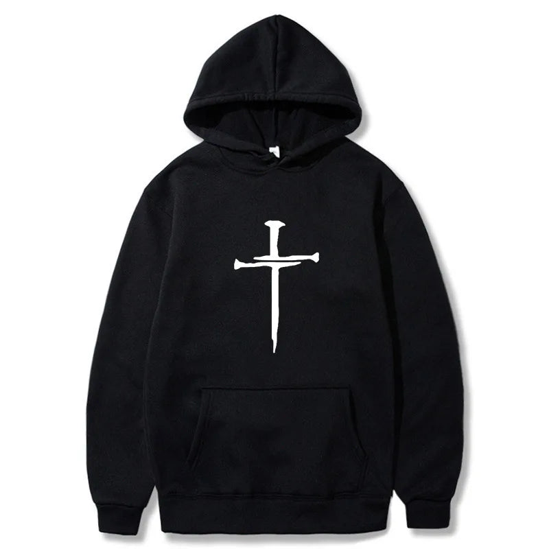 Herr-huvtröja med korsgrafik – Svart ledig tröja med religiöst tryck, moderiktigt streetwear för höst/vinter