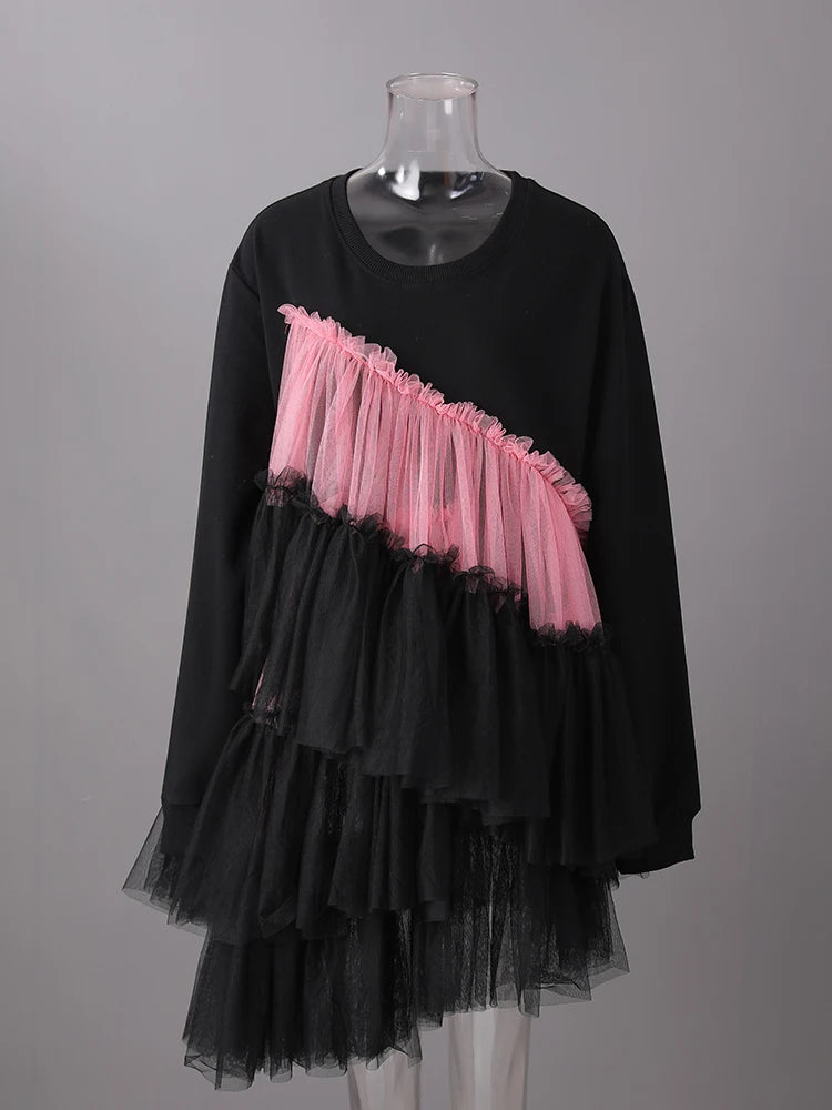 [EAM] Women Balck Mesh Ruffles Irregular Big Size Mini Dress New Round Neck Long Sleeve Fashion Tide Spring Autumn 2026 CPG3045