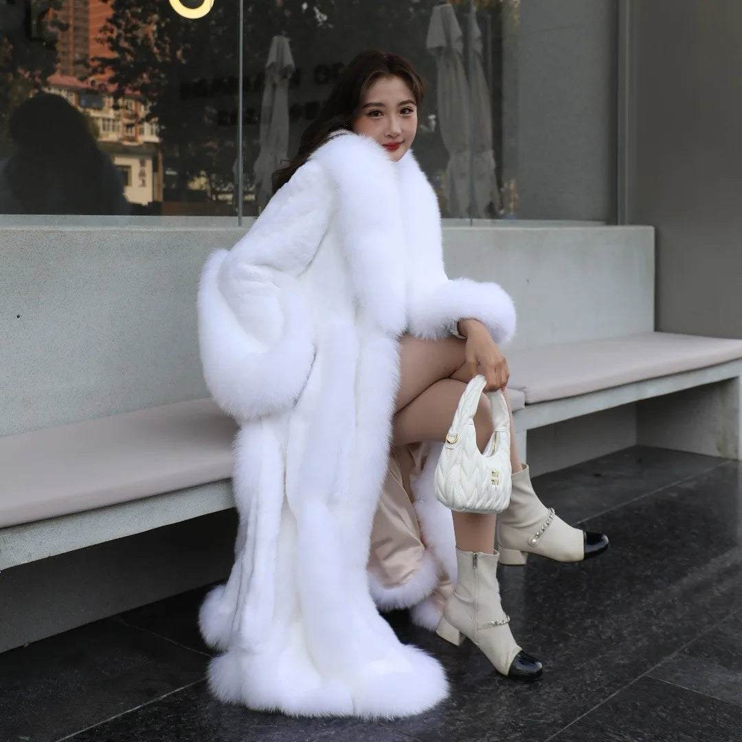 2026 Autumn Luxury Real Fox Fur Coat Long Women Genuine Rex Rabbit Fur Coat Famale Outerwear