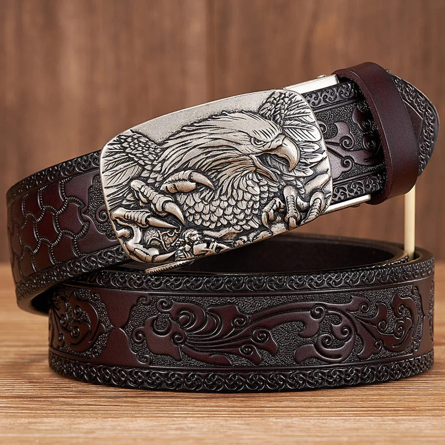 Cinturón de piel auténtica de 3,5 cm con hebilla automática de águila, cinturón de piel de vaca con relieve, correa de calidad para hombre, cinturón de negocios de cuero genuino para vaqueros
