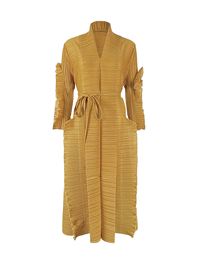 Miyake Pleated Petal Sleeve Dress Lapel Cardigan Sashes High Fashion Loose Long Dresses Fall 2022 Winter Women Designer Clothes