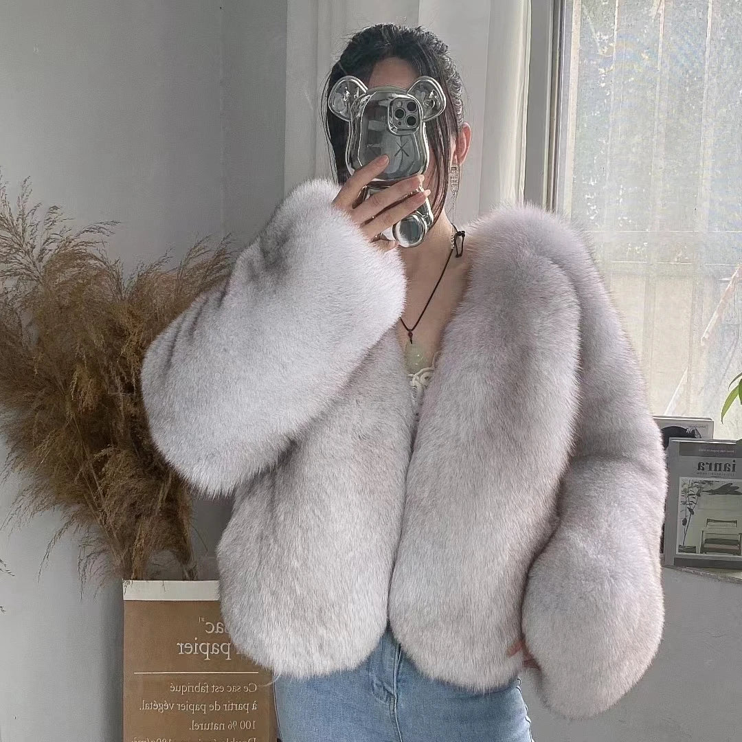 Real  Natural Silver Fox Fur Coat Highend Quality Genuine  Women Winter Luxury Female Jacket Long Sleeve