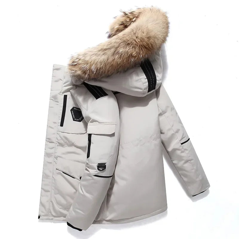 Chaqueta de invierno para hombre, gruesa de algodón y poliéster, con cuello de pelo y capucha