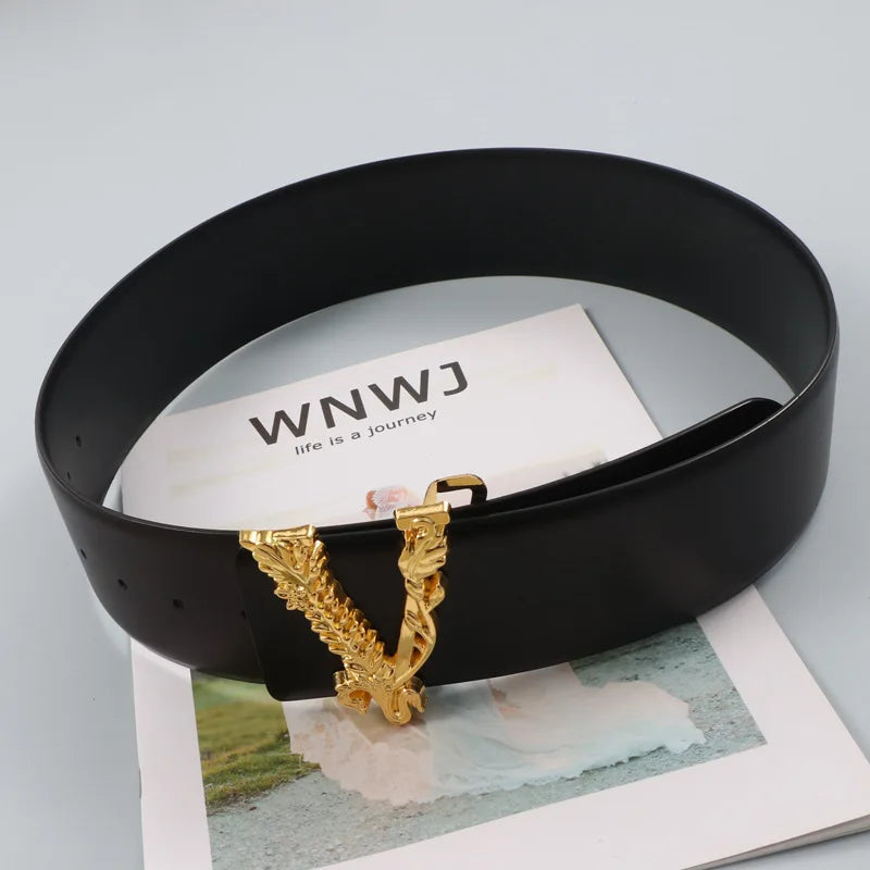 Width 6.5CM Waist Belt Women Metallic Gold Large V-Shaped Cowhide Decoration Versatile Fashion Commuter Dress Jacket Jeans Belt