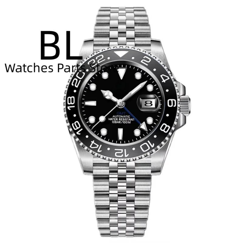 BLIGER 40mm Customizable Logo Blue GMT Watch for Men Black White Dial Green Luminous Sapphire Glass Waterproof Reloj Hombre Date