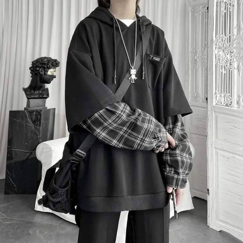 Damska bluza z kapturem typu "fake two", patchworkowa, w kratę, oversize, styl koreański Y2K, młodzieżowa, Harajuku, casualowa bluza