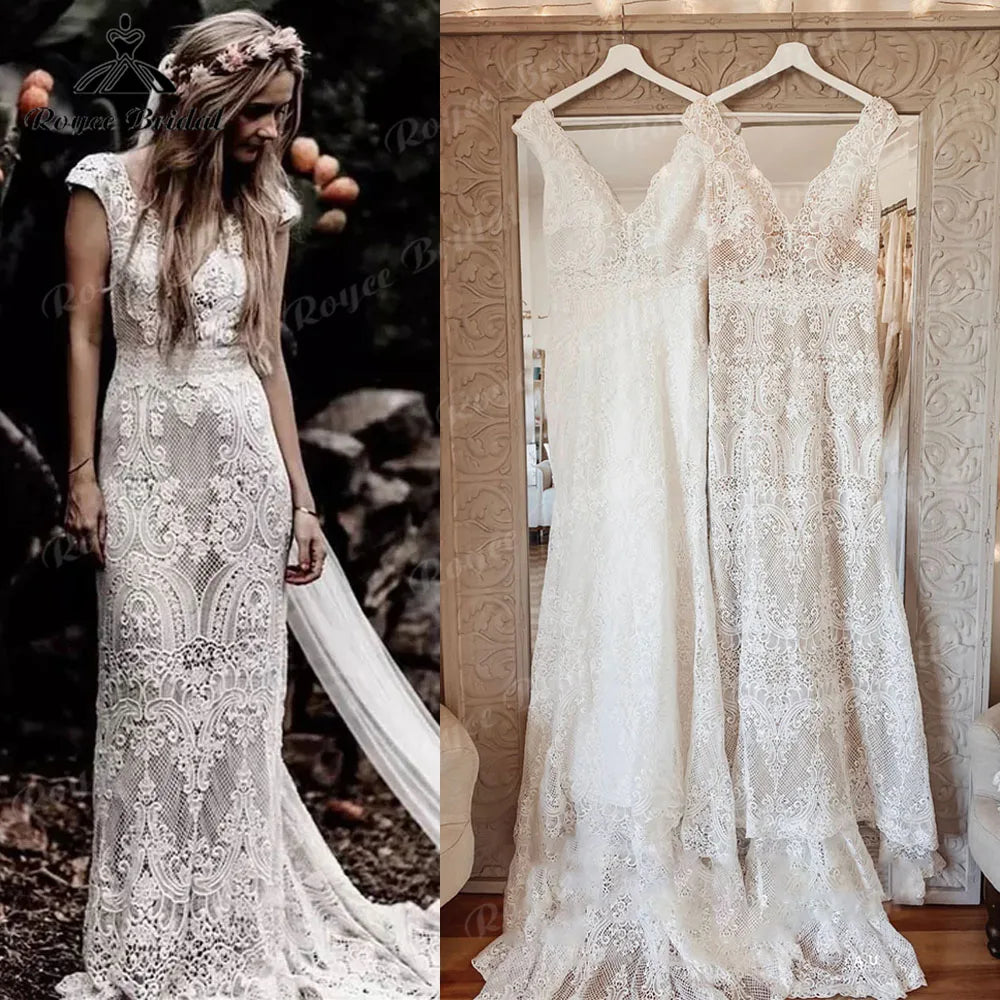 Vintage Boho Lace Behemian Mermaid Wedding Dress Robe Civil Country Bridal Gowns Sexy Backless Robe Mariage Femme Customized