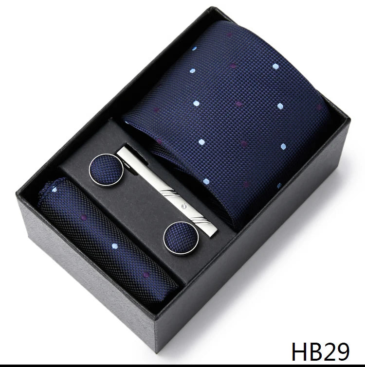 2023 Fashion 7.5 CM Width Tie Sets Black Men's Tie Hankerchiefs Cufflinks Clip Box Wedding Gift Handmade Necktie Work Clothing