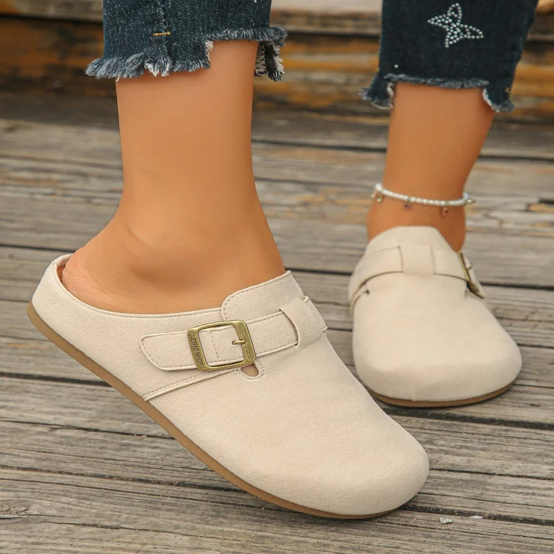 Women's Fabric Round Toe Flat Mules with Buckle Strap