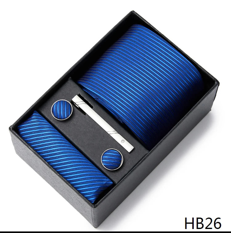 2023 Mode 7,5 cm breite Krawatten-Sets, schwarze Herren-Krawatte, Einstecktuch, Manschettenknöpfe, Krawattenklammer, Box, Hochzeitsgeschenk, handgefertigte Krawatte, Arbeitskleidung