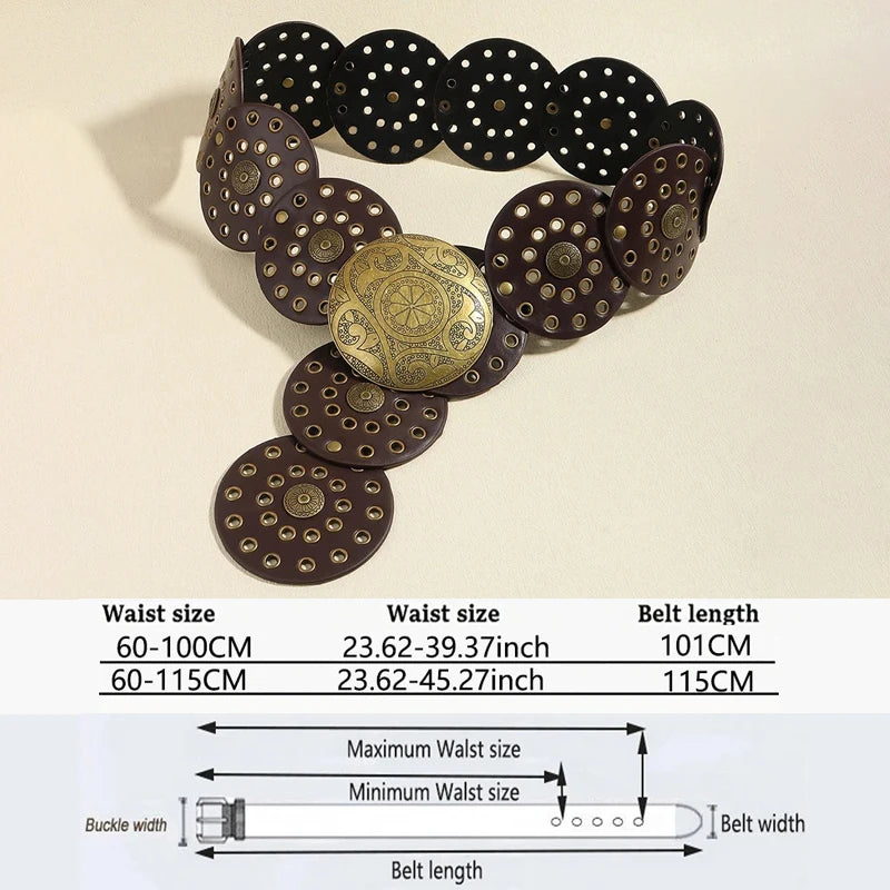 Cinturón de mezclilla estilo vaquero para mujer, metal de alta calidad, hueco, tendencia para damas, cintura ancha, vintage, personalizado, redondo, DT148