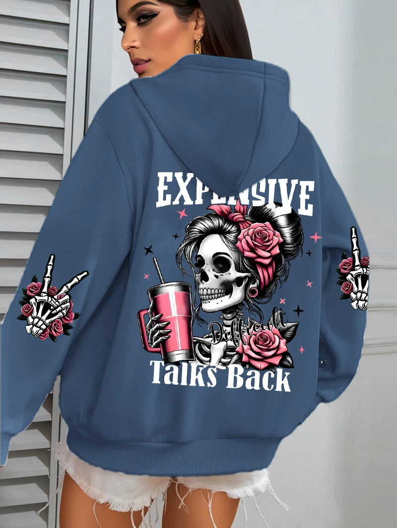 Sudadera con capucha para mujer, estampado divertido "Expensive Talks Back", suelta, multicolor, con forro polar, estilo deportivo informal con bolsillo para otoño