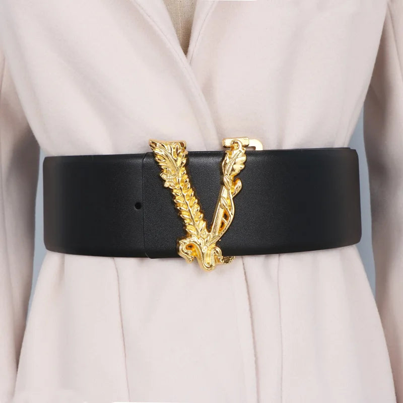Cinturón de 6,5 cm de ancho para mujer, metálico dorado, con decoración grande en forma de V de piel de vaca, versátil, a la moda, para oficina, vestido, chaqueta y vaqueros