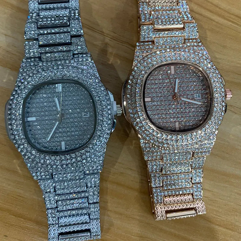 Reloj de moda unisex con diamantes, reloj de cuarzo de acero estilo hip hop, reloj de lujo de marca para hombre y mujer
