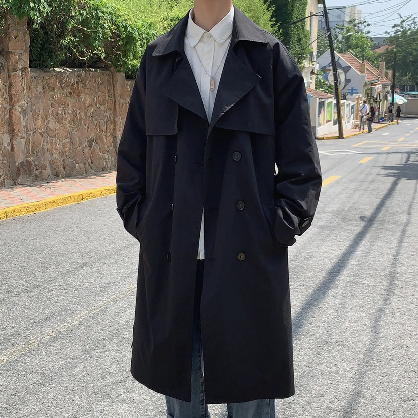 Koreansk stil vår trenchcoat herr streetwear vindjacka trenchcoat män enfärgad business casual lös lång överrock