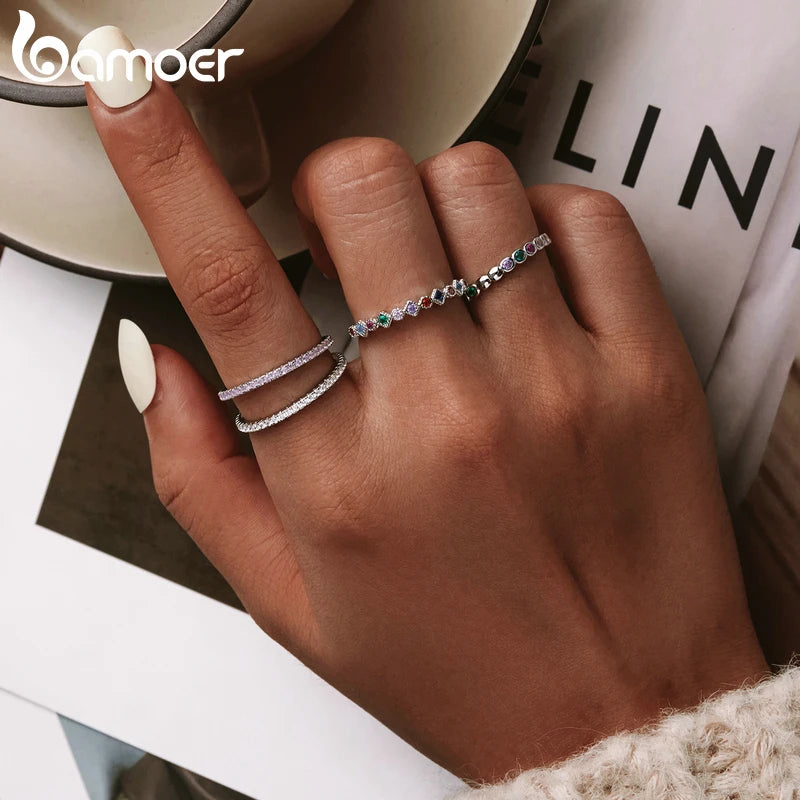 BAMOER 925 Sterling Silver Full Zircons Band Ring Rainbow CZ Geometric Stackable Circle Rings for Women Wedding Jewelry Gift