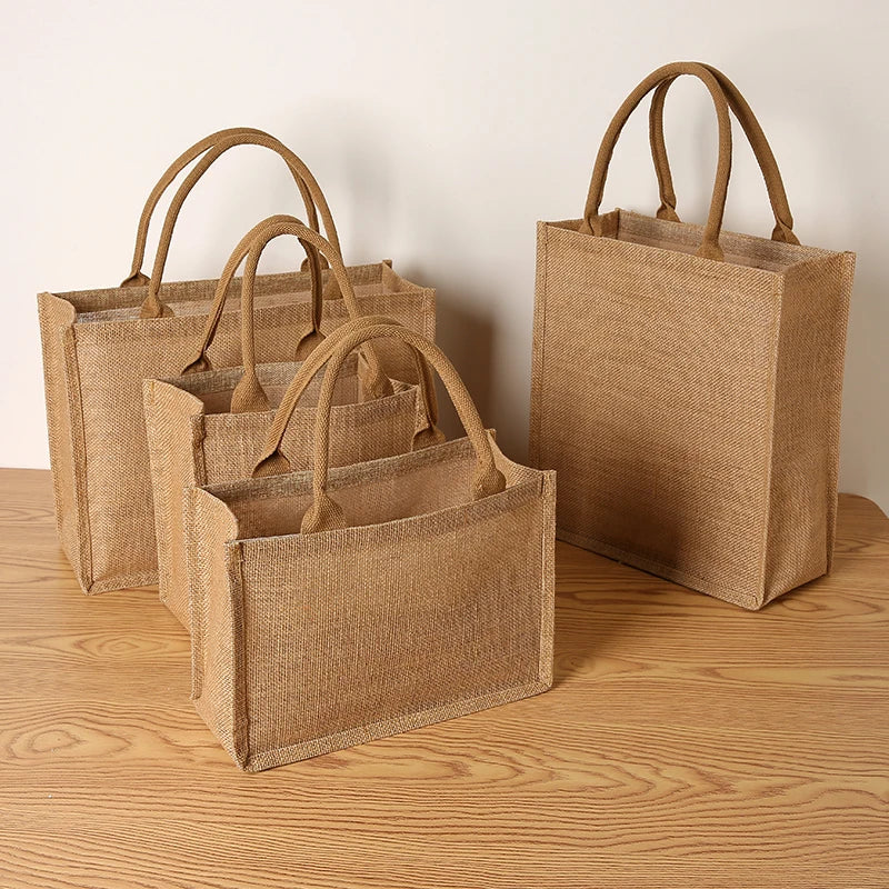 Women's Jute Tote Bag Large Capacity Shopping Bag Travel Storage Bag Open Mouth Men's Handbag