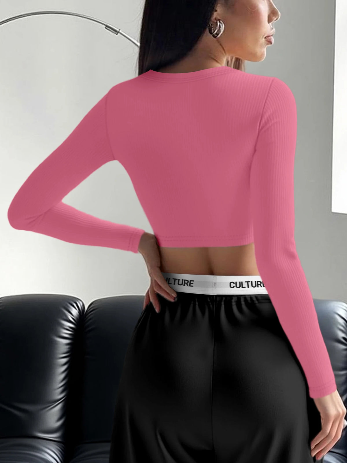 Hip Casual Ribbed Knit Crop Top, Long Sleeve Square Neck Tee for Fairs & Daily Street Wear