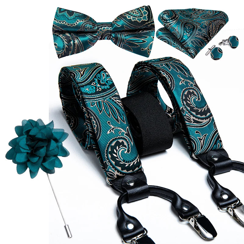 Luxury White Men's Suspenders Adjustable 6 Clips Braces DiBanGu Leather Metal Pre-Tied Bow Tie Brooch Pocket Square Set
