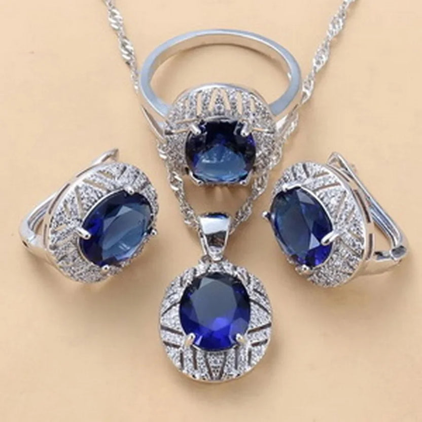 Smyckesset med safir för kvinnor, halsband med halo-hänge, örhängen och ring i 925 sterling silver, present med blå ädelsten för bröllopsfest