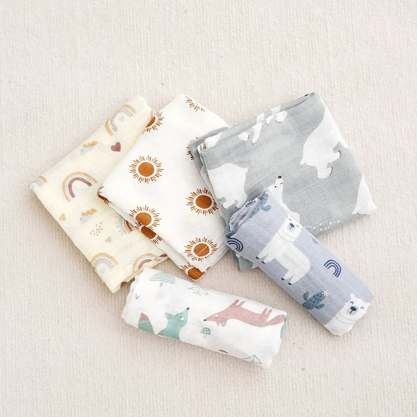 Kangobaby #My Soft Life# New 5pcs Pack Multi-Functional Bamboo Cotton Newborn Muslin Bib Antibacterial Baby Burp Cloth Set