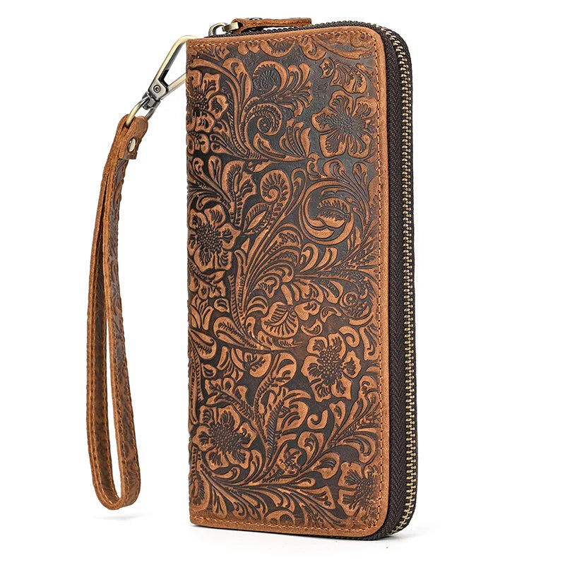 Luxury Double Zipper Women Men Long Wallet Vintage Leather Male Clutch Purse Man Phone Card Coin 100% Genuine Leather Men Wallet