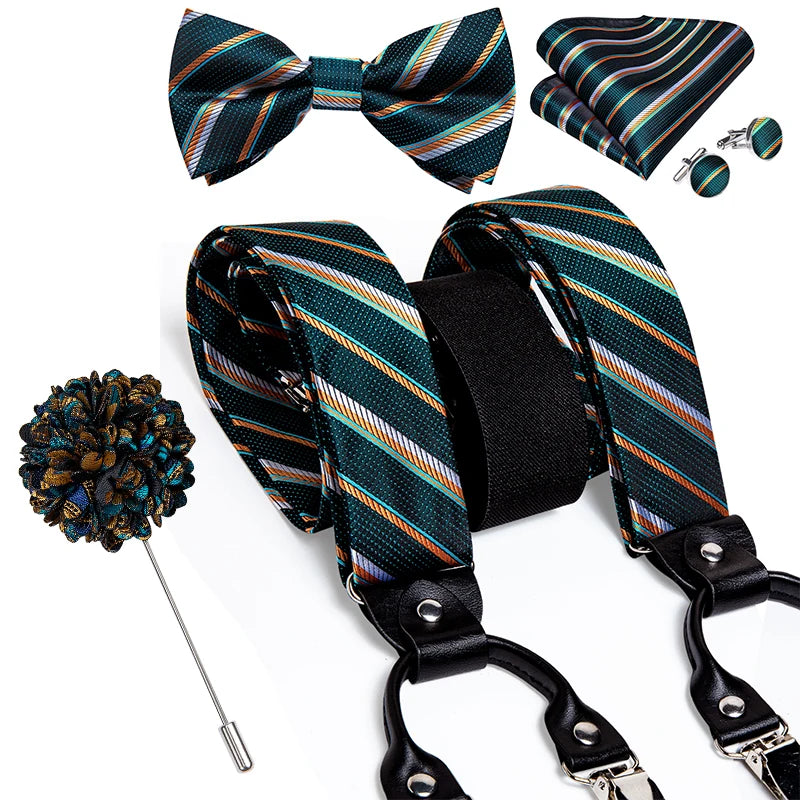 Luxury White Men's Suspenders Adjustable 6 Clips Braces DiBanGu Leather Metal Pre-Tied Bow Tie Brooch Pocket Square Set