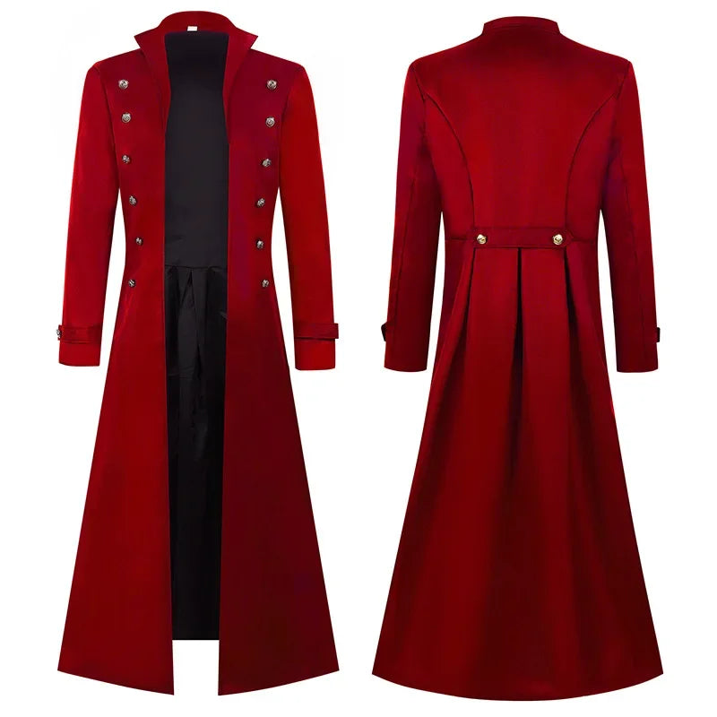 Gothic Trenchrock för män medeltida steampunk retro dubbelknäppt kappa med detaljer enfärgad herr kavajslag vintage lång jacka