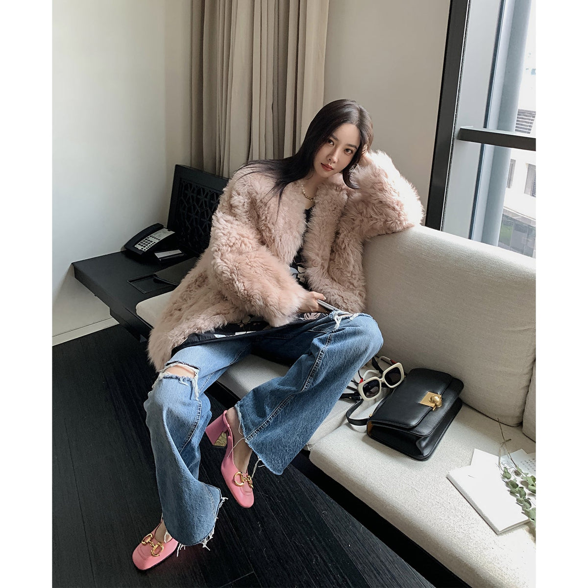 Peach Oolong Tuscan Sheepskin Coat Winter