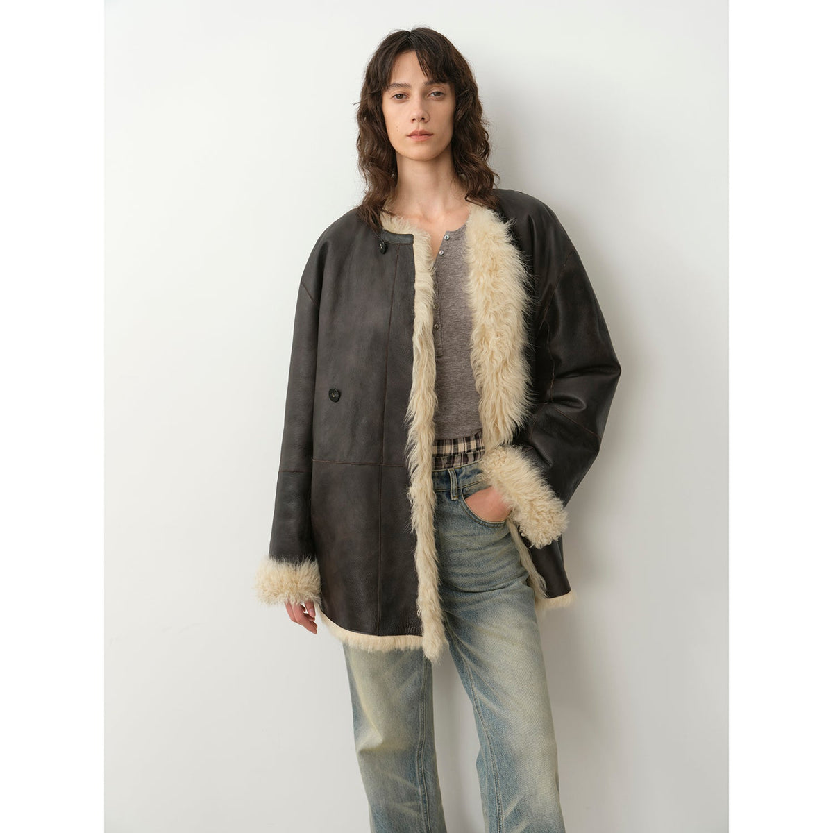 Abrigo de piel de oveja de lana toscana de doble cara, casual, elegante y sencillo, "Fantasía de doble cara" para mujer