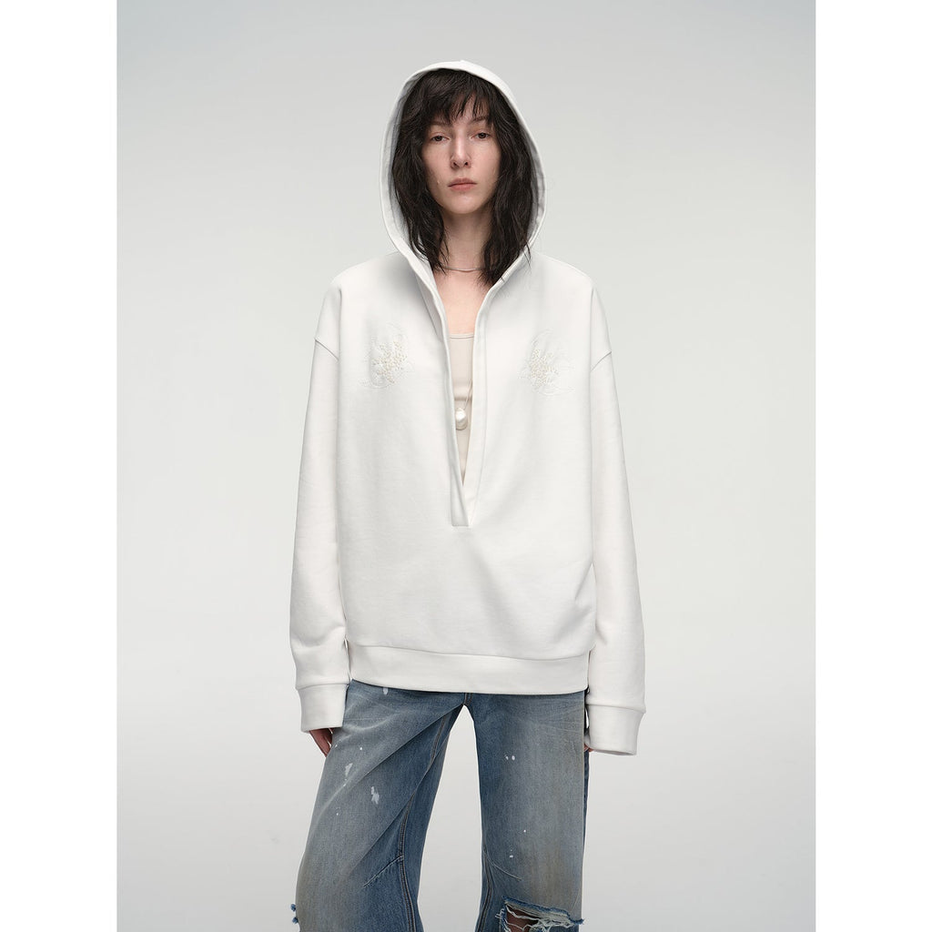 "Leisure Style" Handmade Rice Grain Embroidery Sequins Deep v Hooded Simple Profile Sweatshirt