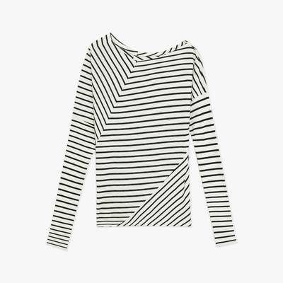 "Picasso Lines" Fashionable Off-Shoulder Lyocell Tencel Wool Blended Draped Patchwork Striped T-Shirt