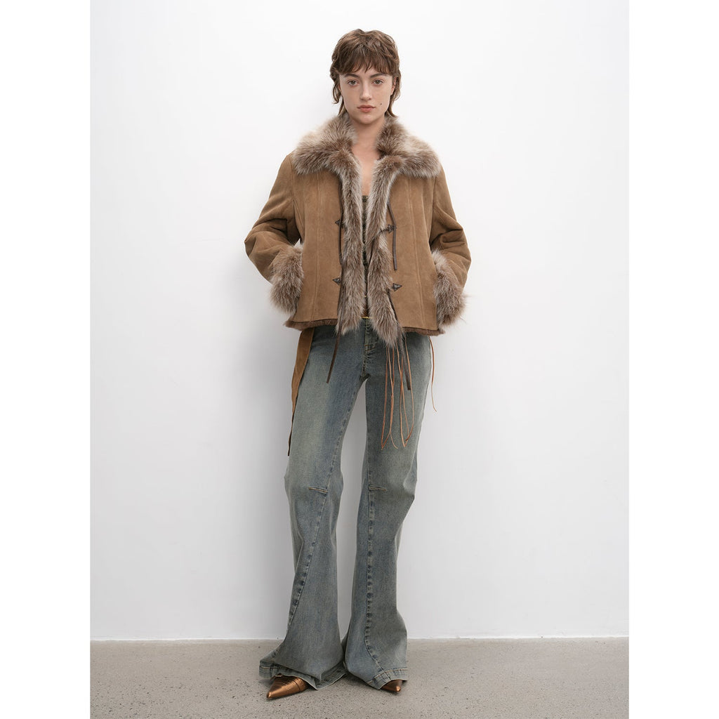 Fireladyfur Women's Shearling Coat - Imported Merino Wool Patchwork Fox Fur Collar Florence