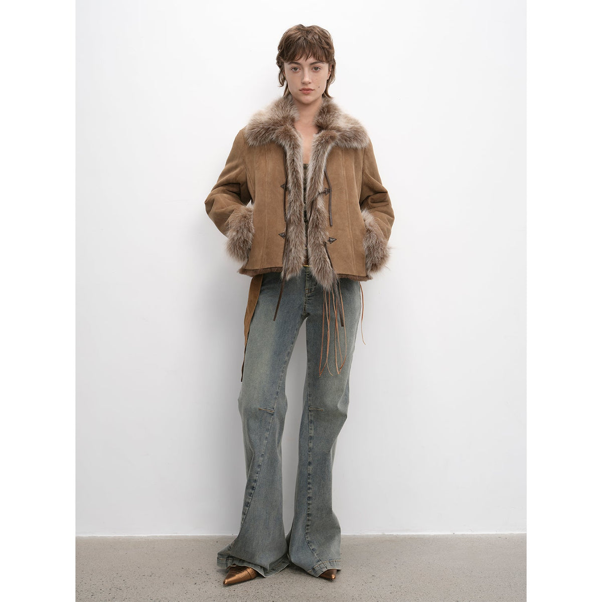 Fireladyfur Women's Shearling Coat - Imported Merino Wool Patchwork Fox Fur Collar Florence