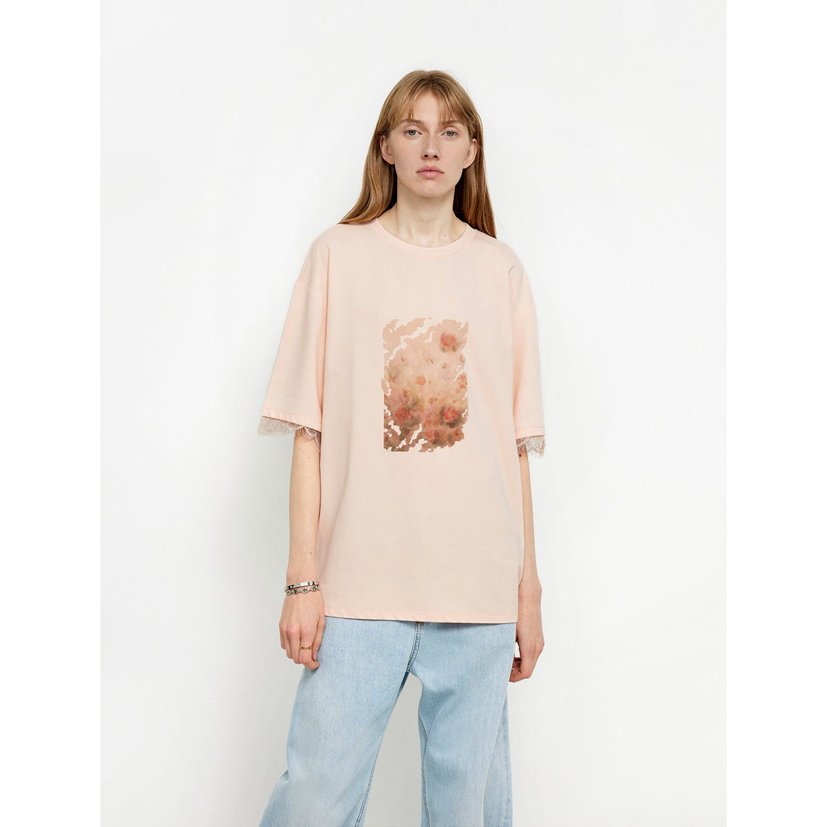 Printed Attitude Original t-shirt med tryckta muddar och spetsdetaljer